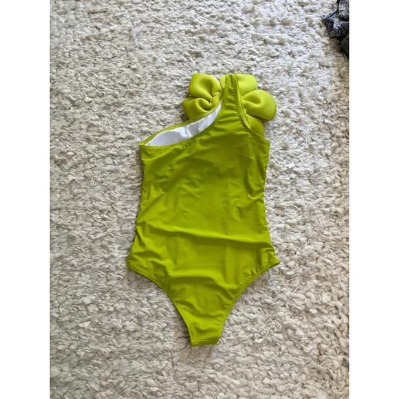 Women's Sporlike Lime Green One-Shoulder Floral One Piece Swimsuit M - Picture 2 of 10